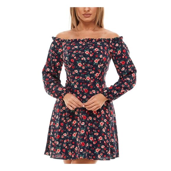 B DARLIN Dresses & Skirts - NWT B DARLIN Womens Fit + Flare Short Dress Navy Long Sleeve Evening Juniors 0